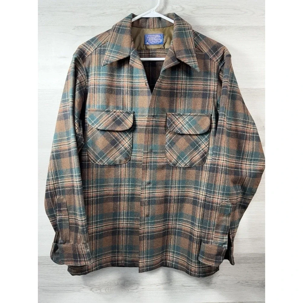 Vintage Pendleton Shirt Medium Brown Teal Plaid Flannel Button Flap Pocket Wool - Picture 1 of 3
